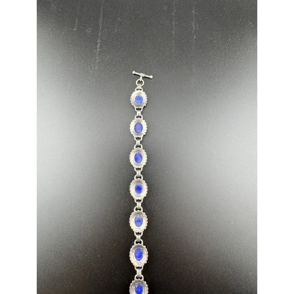 Sterling Silver 925 Blue Glass/Lucite Cabochon Bracelet